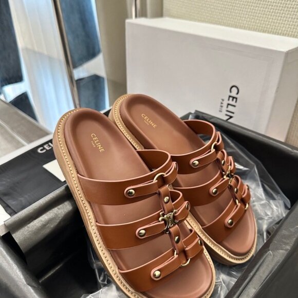 Celine Brown Leather Sandals with Gold Accents - Picture 3 of 6